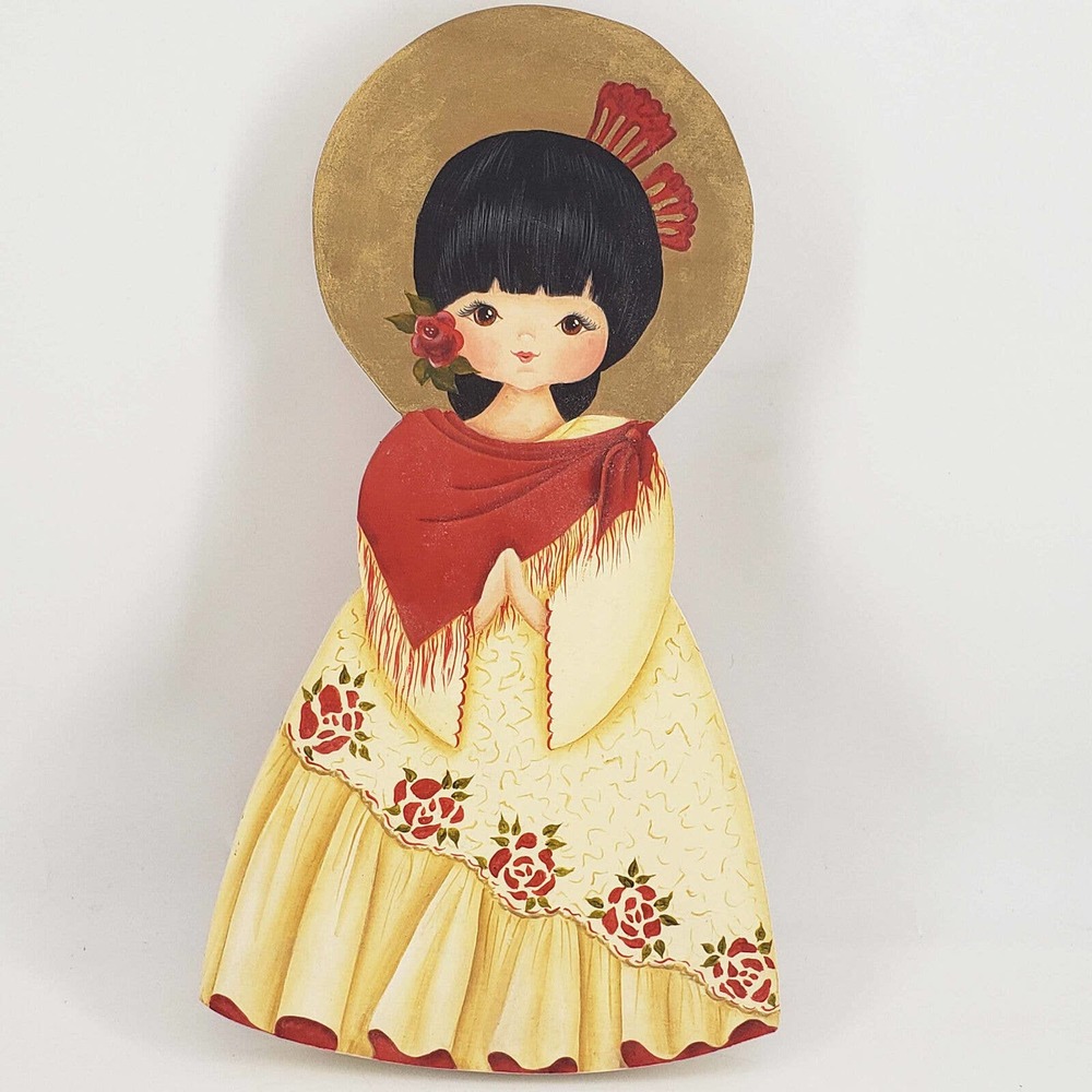 Hand Painted Gold Detail cute angel girl in hat on Wood 10" Signed
